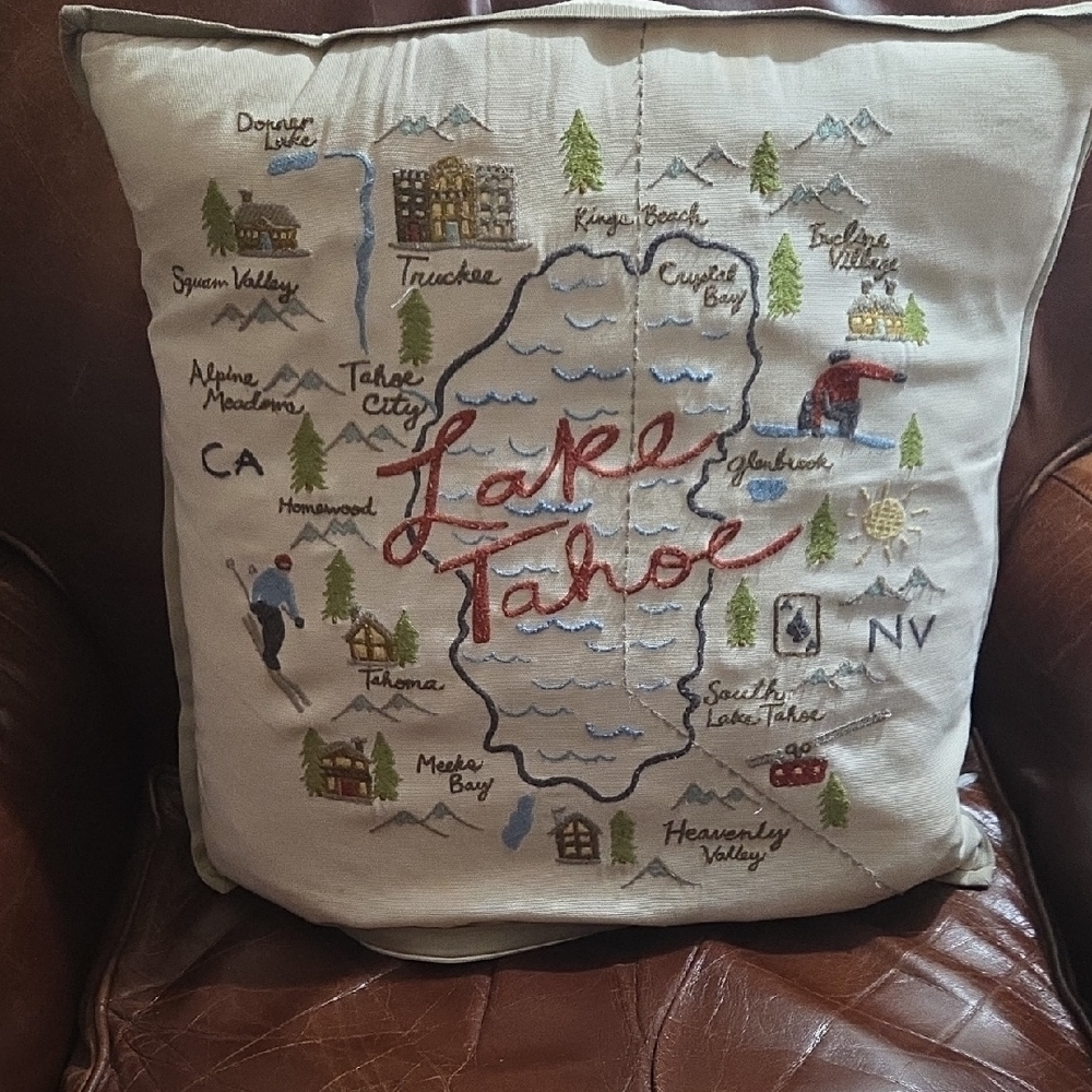 Pottery Barn Lake Tahoe Embroidered Decorative Pillow - Cream with Red Script